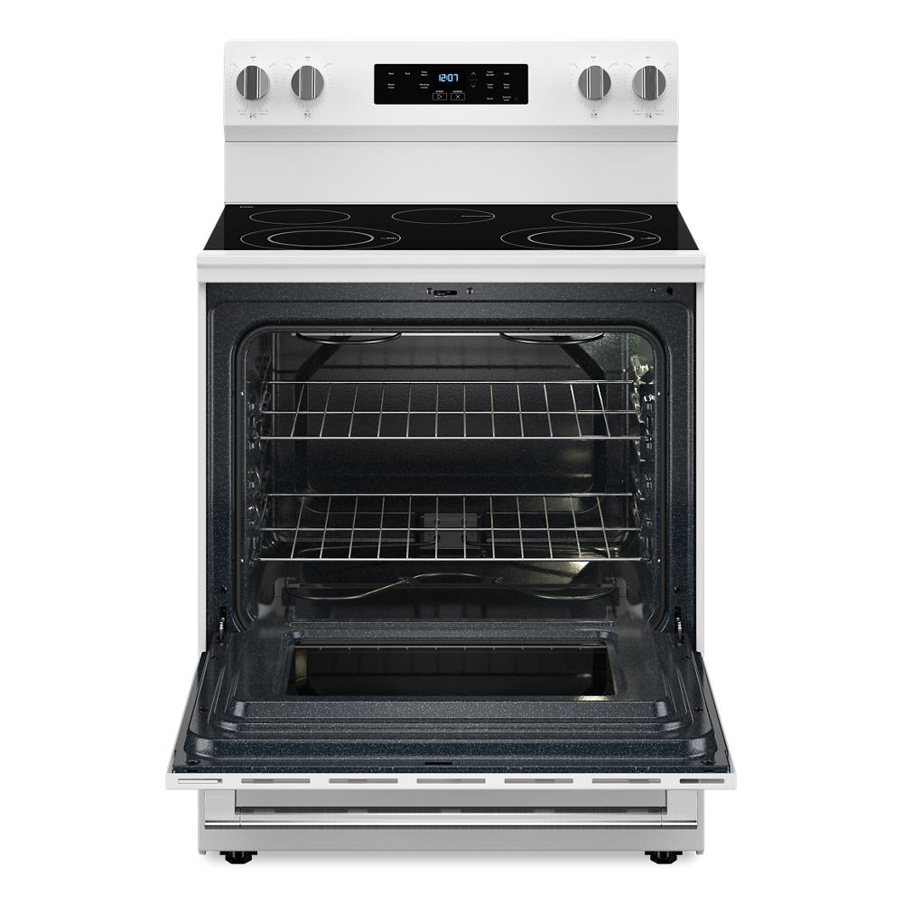 30-inch white electric range with black ceramic glass cooktop and open oven showing two wire racks and interior light