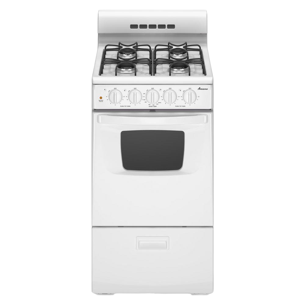 White 20-inch gas range with four burners, compact oven, and control knobs from kitchen appliances collection