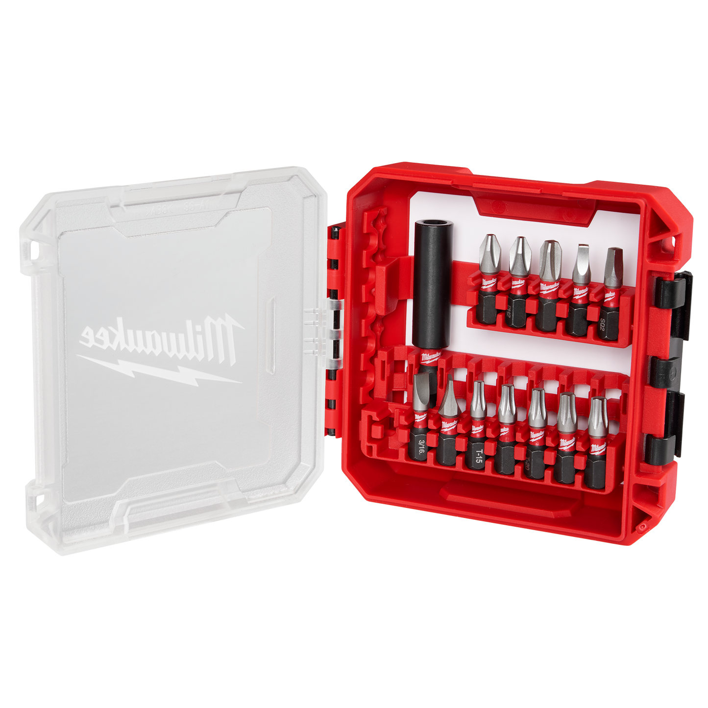 Red compact case holding 13-piece impact driver bit set for power tool accessories and home improvement.