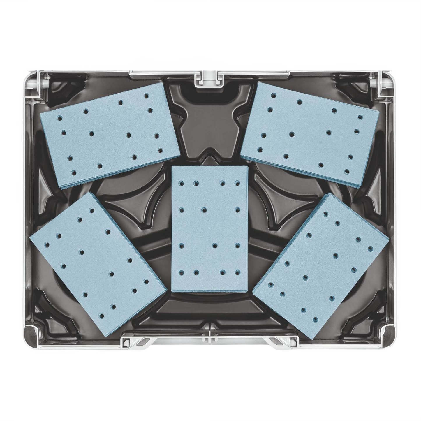 Organized storage case with blue perforated abrasives for woodworking tool storage and workshop organization