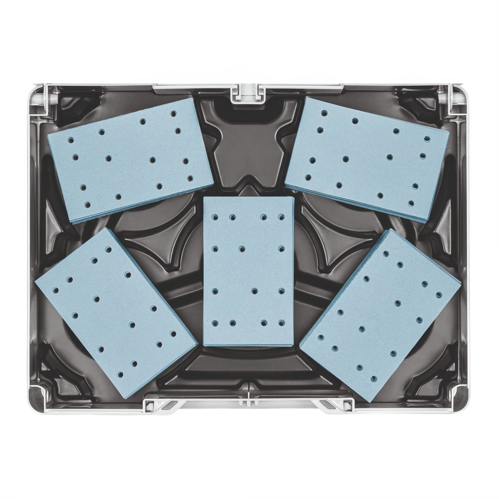 Organized storage case with blue perforated abrasives for woodworking tool storage and workshop organization