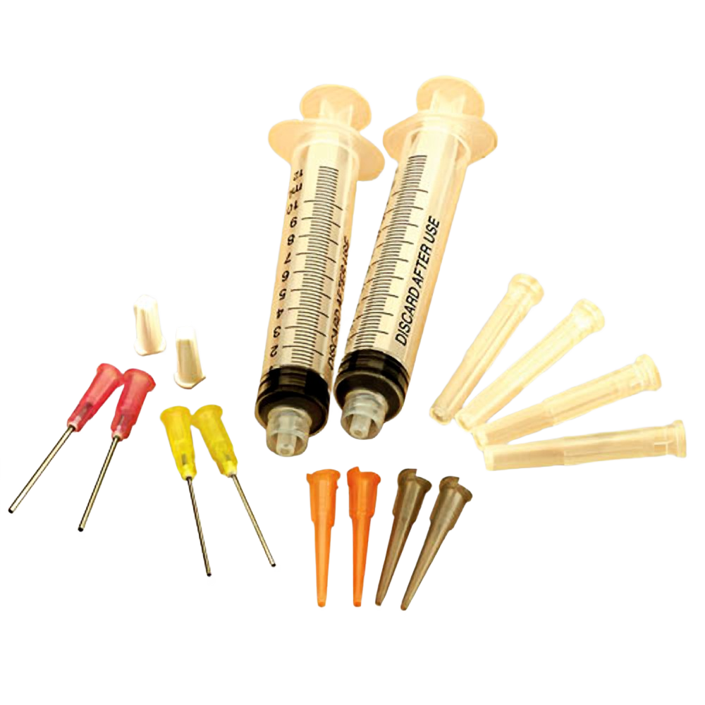 Two clear adhesive dispense syringes with assorted colored precision tips for detailed glue application and home improvement tasks