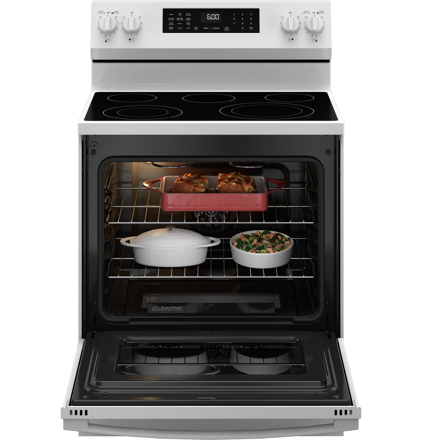 White free-standing electric range with smooth glass cooktop and open oven showing multiple dishes inside kitchen appliances collection