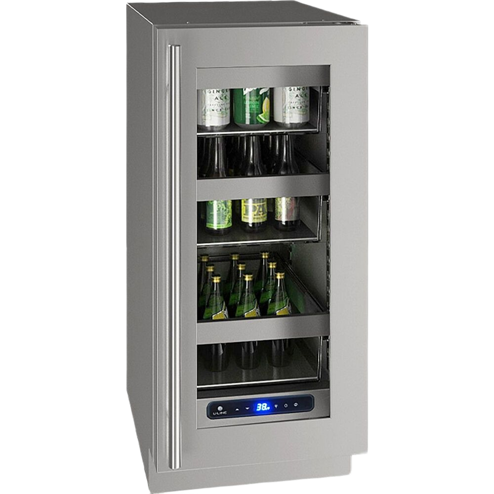 Compact stainless steel beverage refrigerator with glass door, digital temperature control, and adjustable shelves for kitchen use