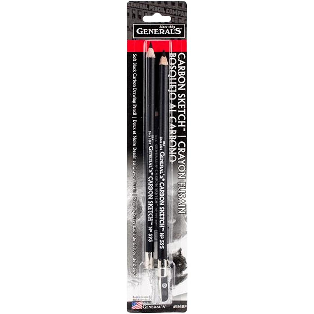 Two black carbon sketch pencils in sealed retail packaging with white text and sharpened tips for drawing and sketching tools