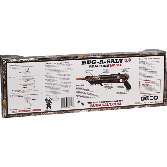 Packaging box of a camo-patterned salt gun with instructions and product details for outdoor pest control use
