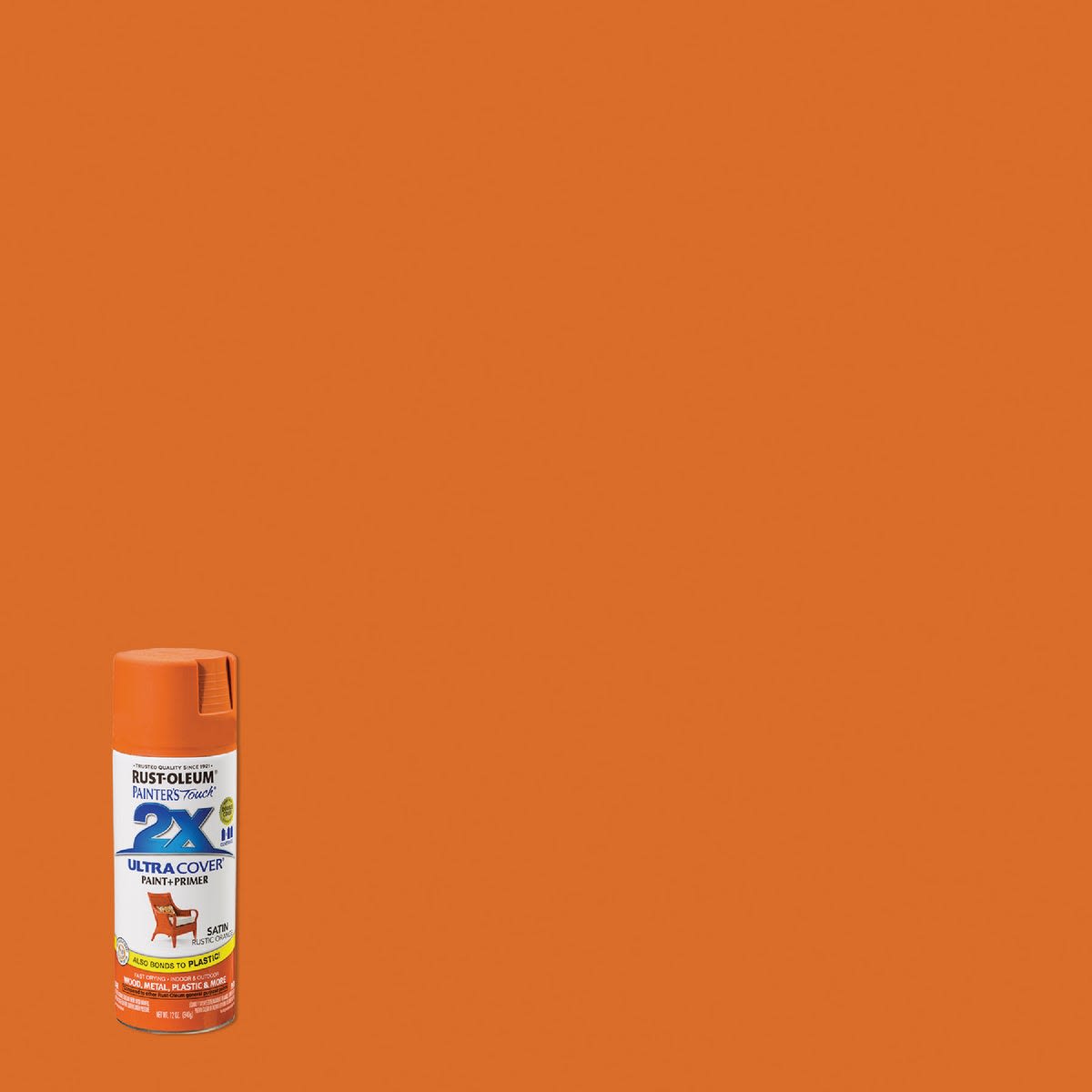 Orange satin spray paint and primer can with matching painted background in Home Improvement and Paint & Supplies collections
