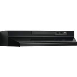 Black under-cabinet range hood with control buttons in kitchen appliances and range hoods collection