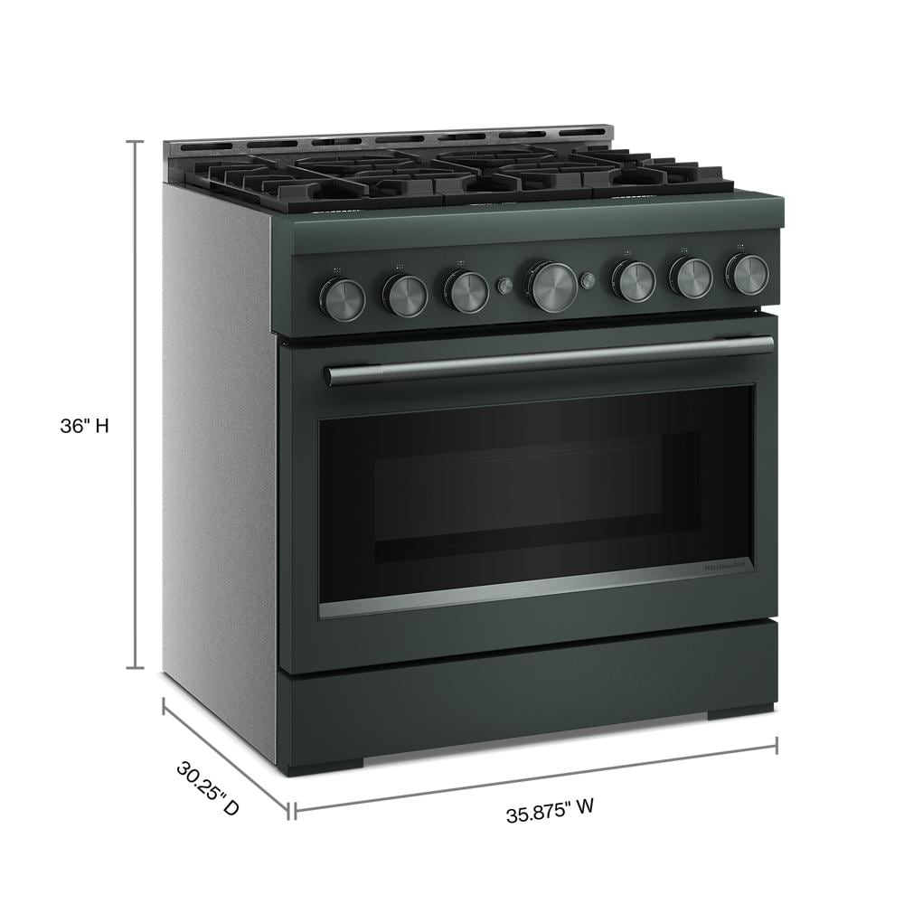 KitchenAid dark green 36-inch commercial gas range with six burners and large glass oven door in kitchenware collection