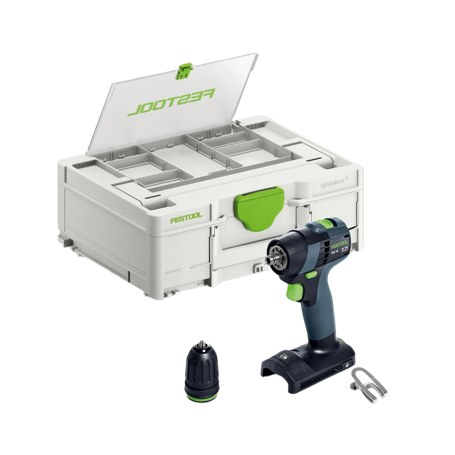 Compact cordless drill with interchangeable chuck and belt clip next to organized storage box for woodworking power tools