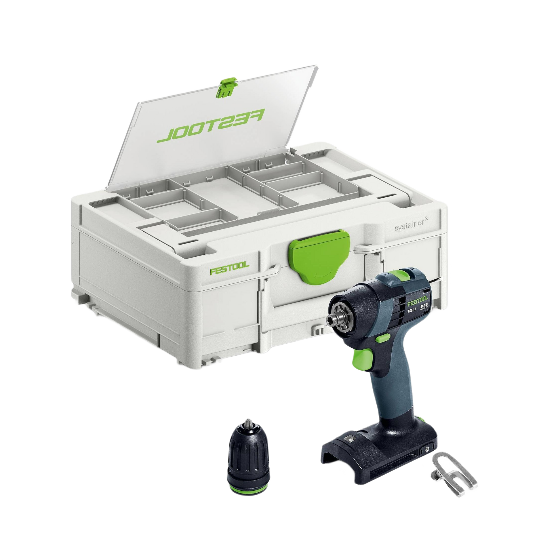 Compact cordless drill with interchangeable chuck and belt clip next to organized storage box for woodworking power tools