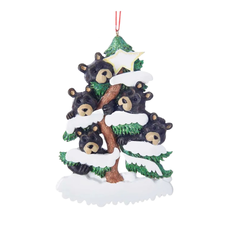 Personalized ornament featuring five black bears nestled in a snowy evergreen tree for Christmas decoration collections