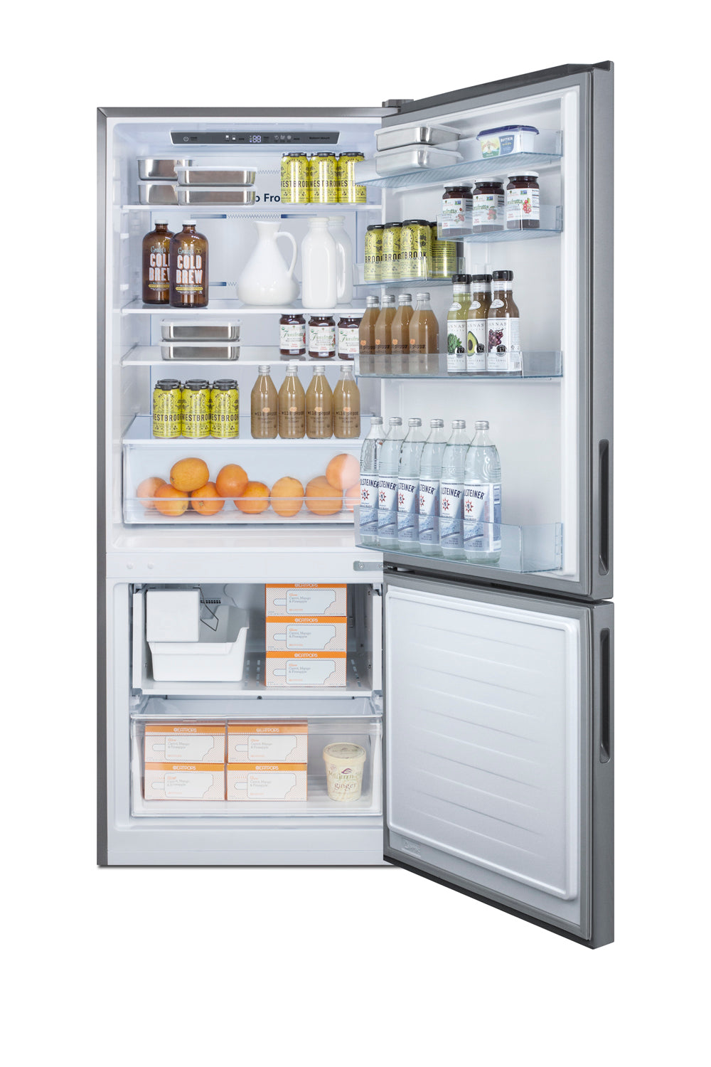 Open stainless steel bottom freezer refrigerator with stocked shelves and clear door compartments in appliances collection