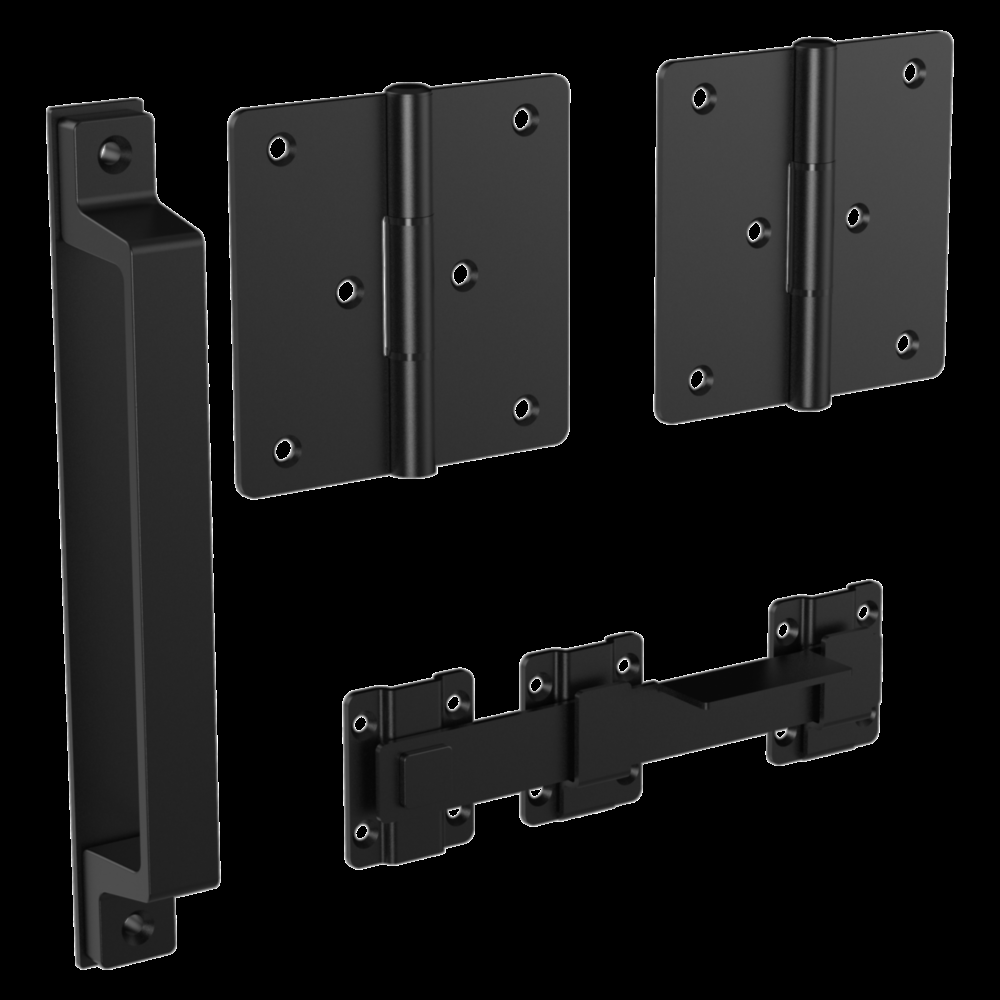Set of four black metal gate hardware pieces including two hinges, handle, and latch for door and gate accessories under $100