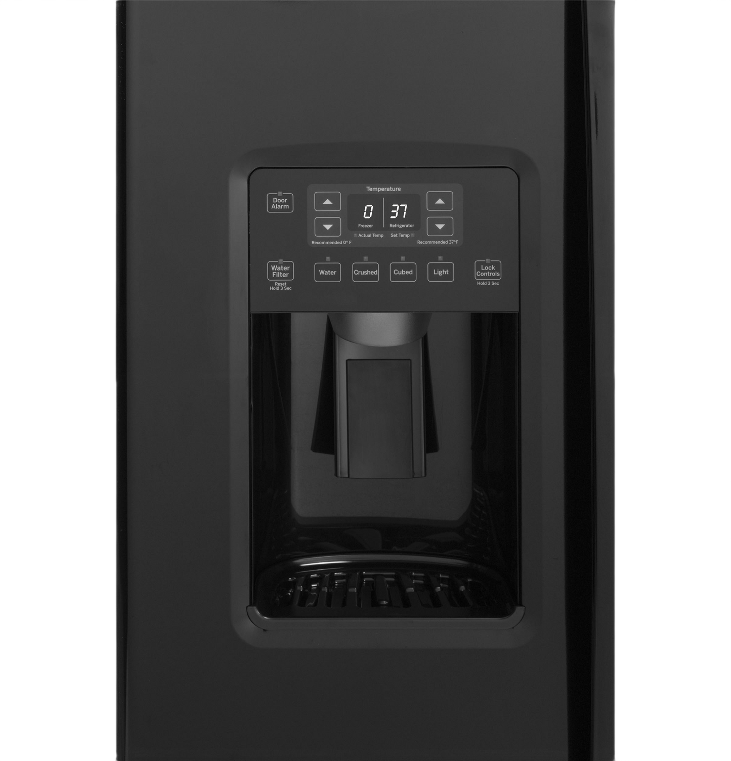 Black side-by-side refrigerator water dispenser with digital temperature controls and options for crushed and cubed ice, part of Side-by-Side Refrigerators and Appliances collections.