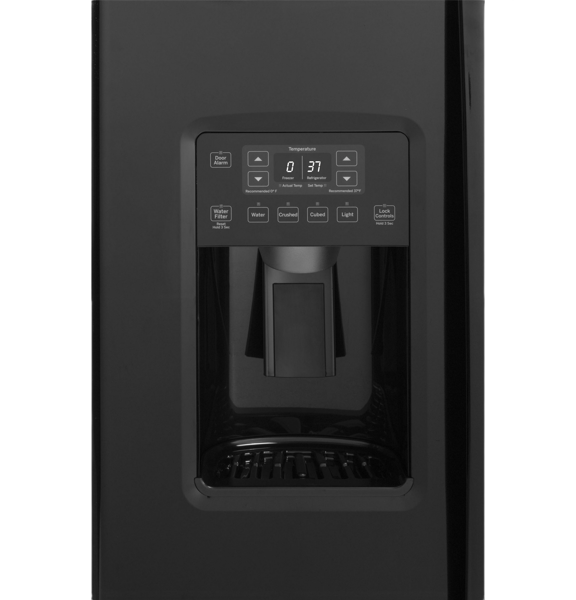 Black side-by-side refrigerator water dispenser with digital temperature controls and options for crushed and cubed ice, part of Side-by-Side Refrigerators and Appliances collections.