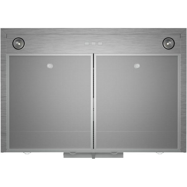 Stainless steel undercabinet hood with dual circular lights and mesh filters in kitchen appliances collection