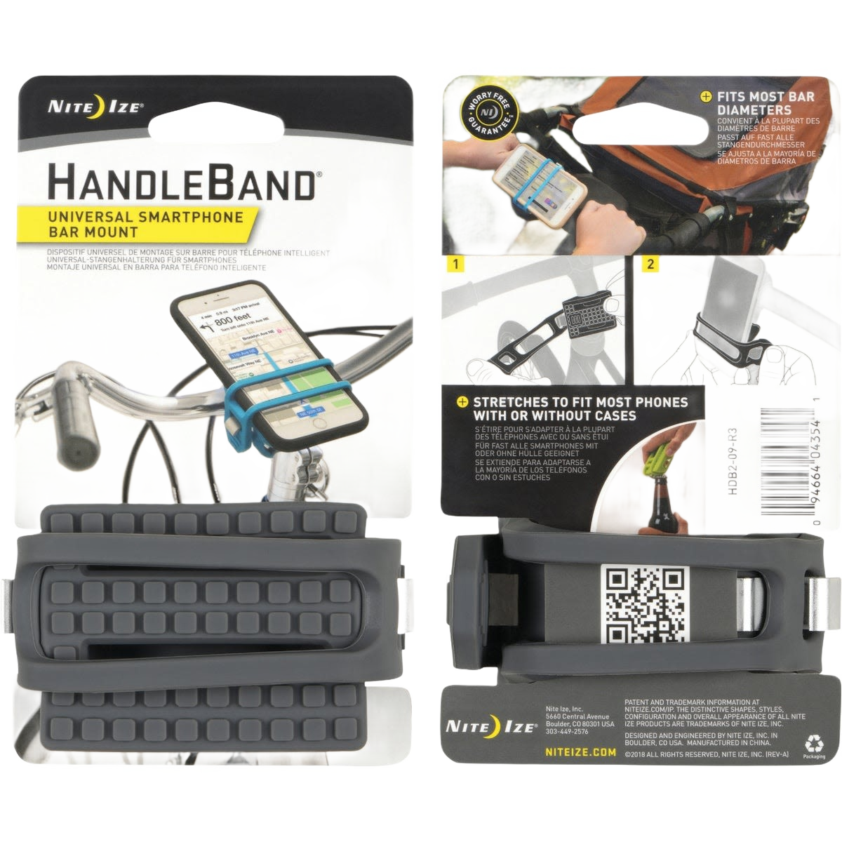 Charcoal universal smartphone handlebar phone holder displayed in packaging with product usage illustrations and details in Wire collection