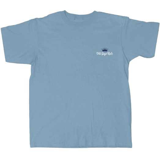 Light blue men's casual shirt with small white "Old Guys Rule" logo and crown detail on chest area