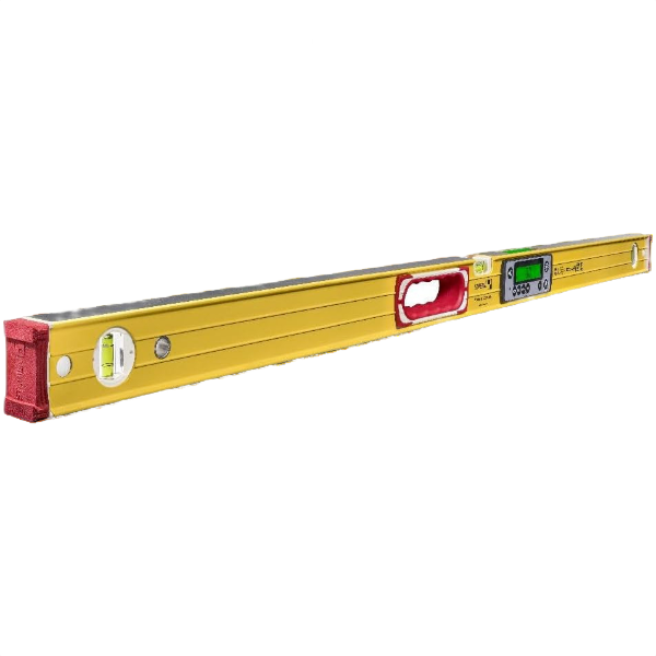 Yellow aluminum precision level with horizontal and vertical vials plus digital display in woodworking tools collection
