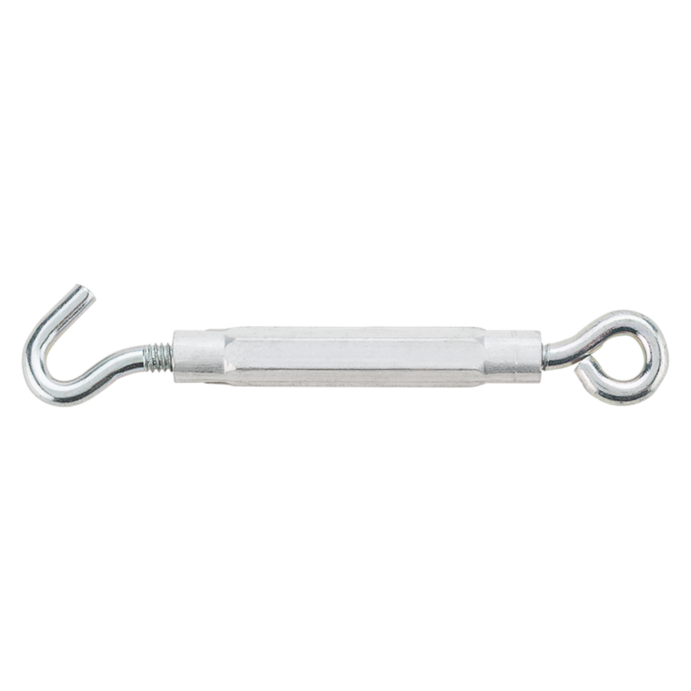 Zinc-finished hook and eye turnbuckle with hex-shaped body for hardware and home improvement fastening projects