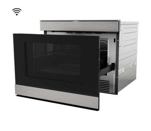 Stainless steel microwave drawer with convection and Wi-Fi, open drawer showing built-in venting for kitchen appliances