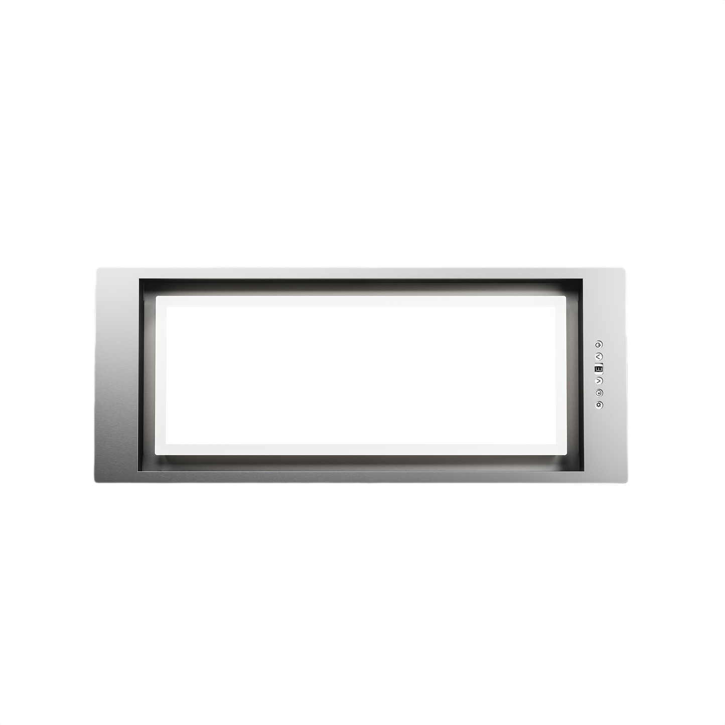 Stainless steel insert range hood with large LED light panel for kitchen ventilation in appliances collection