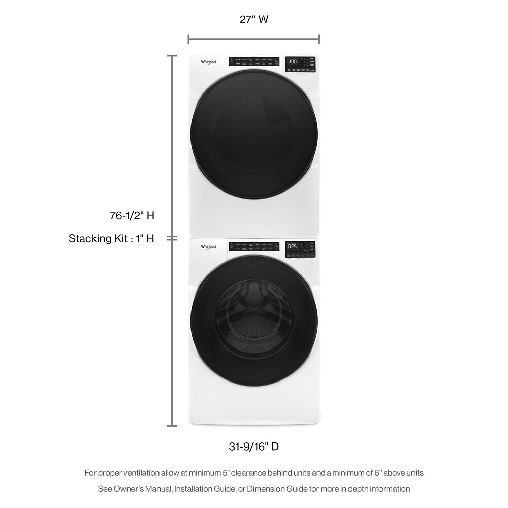 Stacked white front load washer and dryer combo with digital controls, dimensions shown for home improvement and appliances.