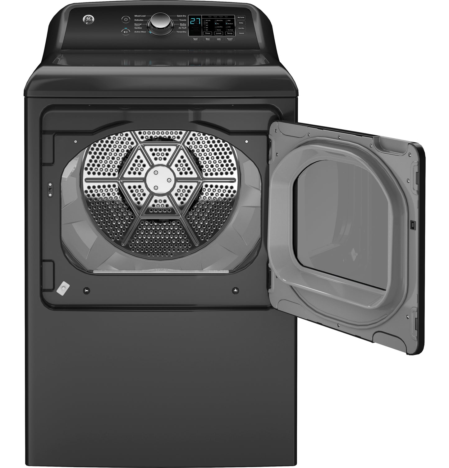 Black electric dryer with open door showing spacious drum and digital control panel from dryers and appliances collection