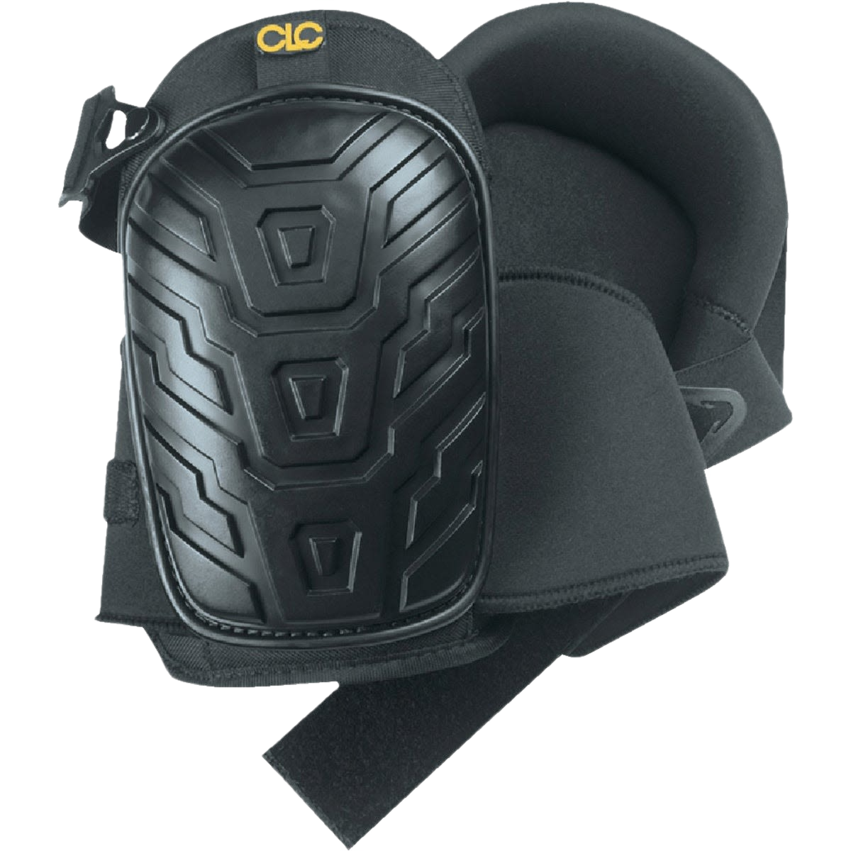 Black professional kneepads with hard tread-pattern caps and adjustable straps for comfort and protection in hardware and safety tasks.