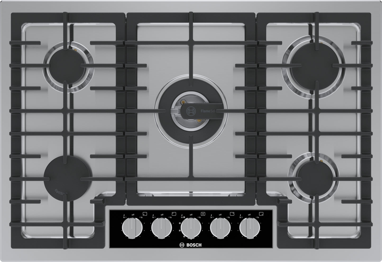 Stainless steel gas cooktop with five burners and black cast iron grates from Bosch cooktops collection