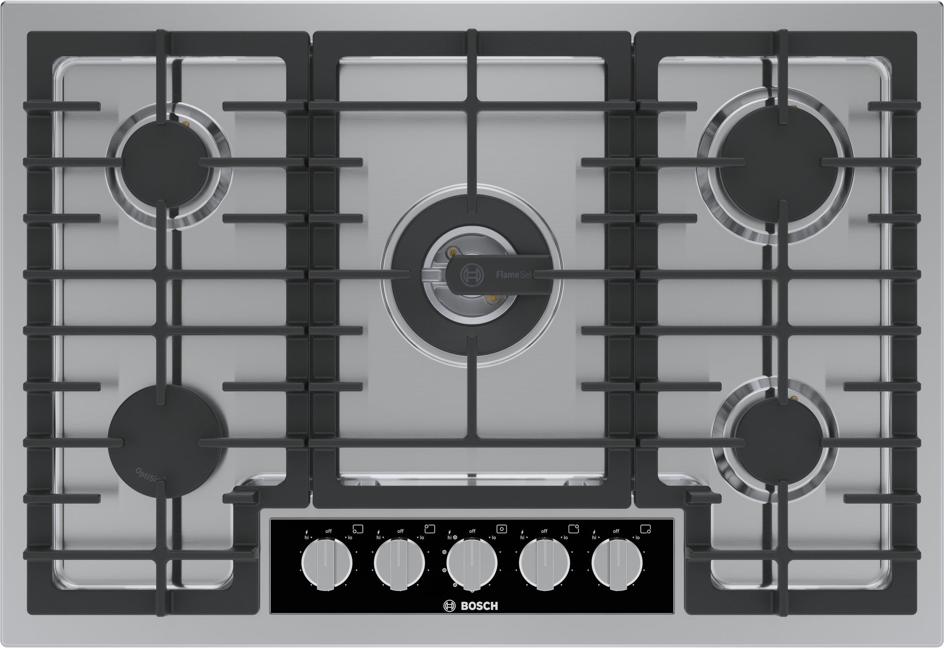 Stainless steel gas cooktop with five burners and black cast iron grates from Bosch cooktops collection