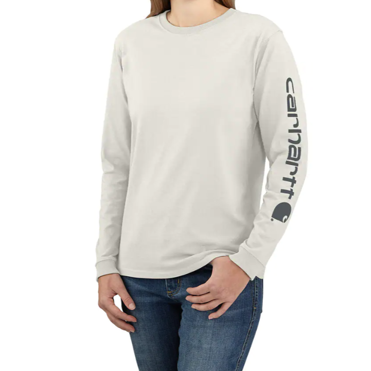 Light malt long sleeve shirt with Carhartt logo on sleeve, designed for women in casual tops and clothing collections under $50