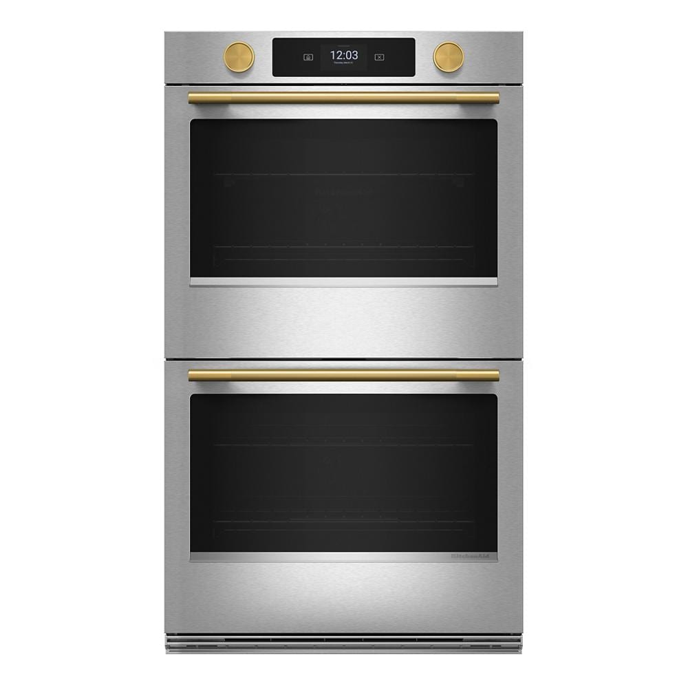 Front view of a 30-inch smart electric double wall oven with stainless steel finish, gold-tone handles and control knobs, digital display, part of KitchenAid appliances in home improvement and kitchenware collections.