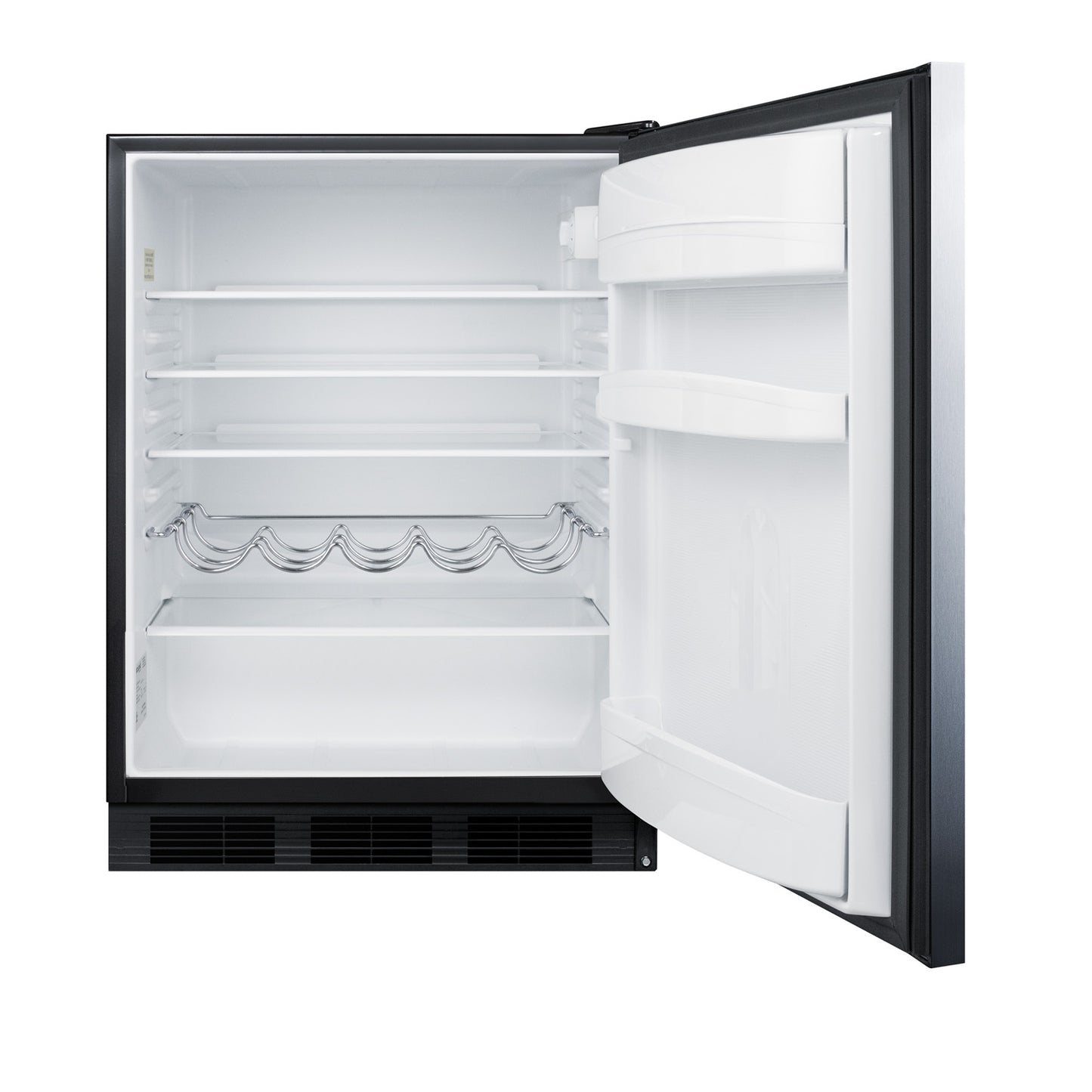 Open built-in refrigerator with wire shelving and door bins in kitchen appliances and home improvement collections