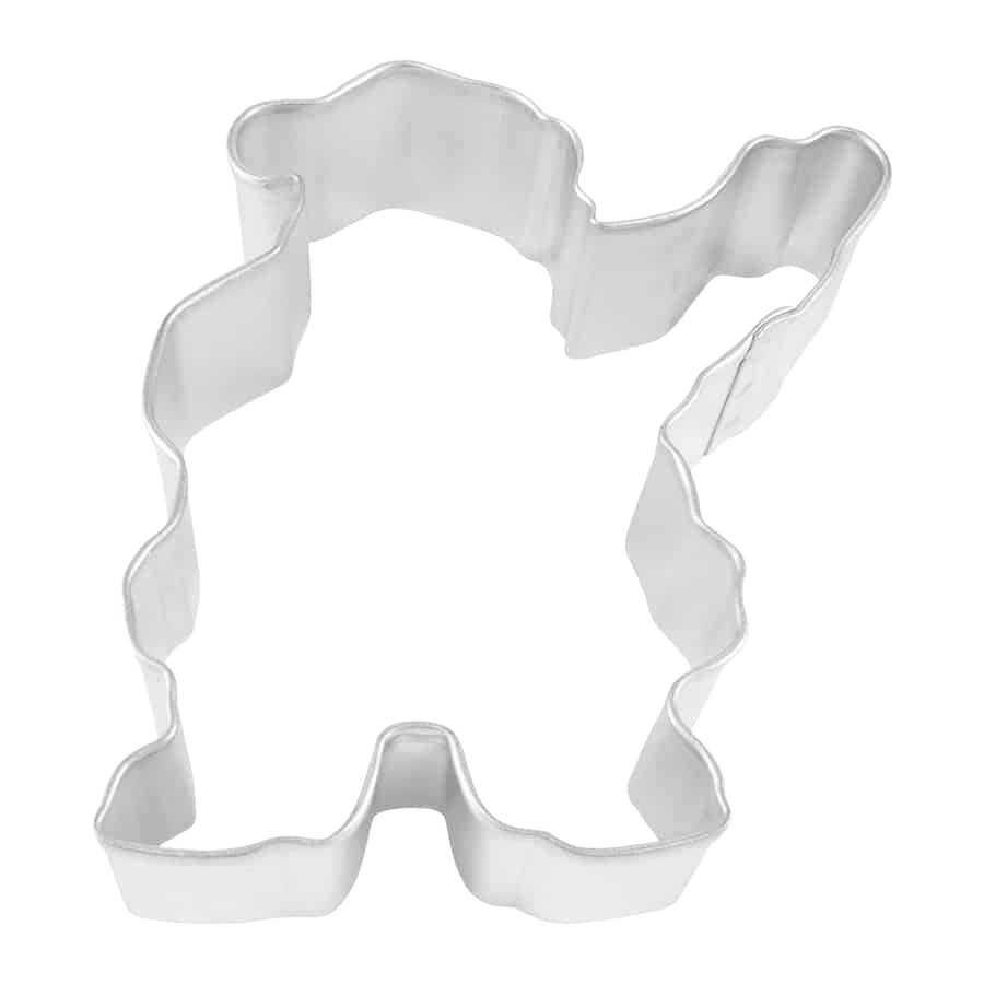 Metal cookie cutter shaped like a waving Santa Claus figure for holiday baking and festive treats.