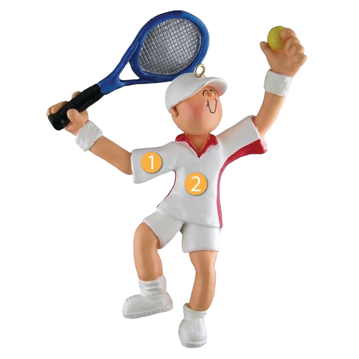 Whimsical male tennis player figurine in white outfit with cap holding racquet and ball for Christmas tree decorations collection