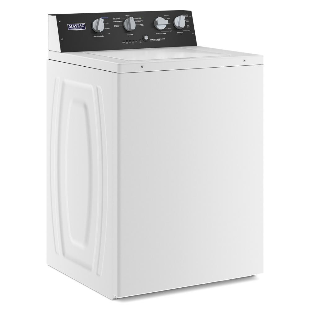 White commercial-grade residential agitator washer with control dials and reinforced steel panels in washers and appliances collection