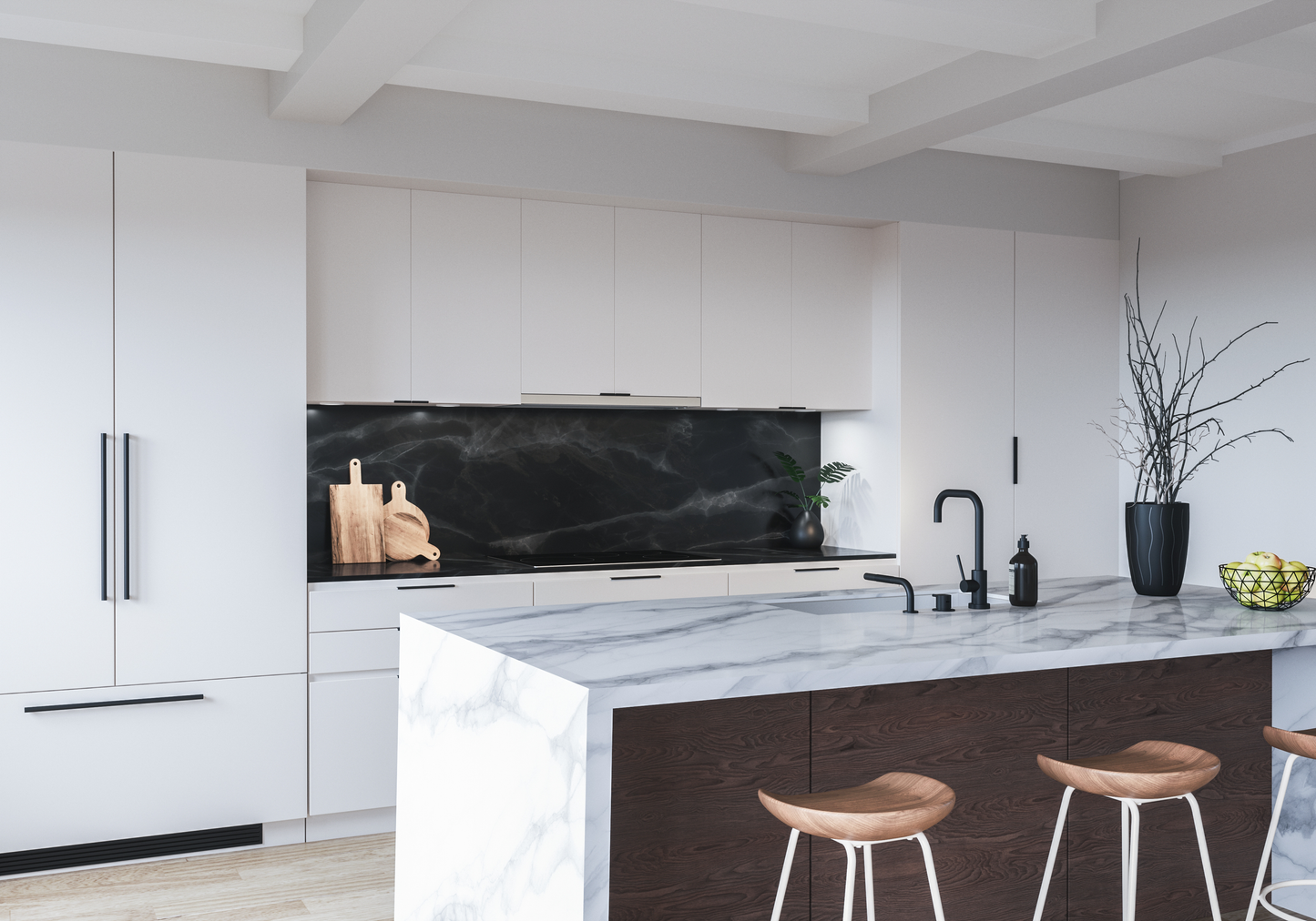 minimal under-cabinet hood with LED lighting above black marble backsplash in modern kitchen setting
