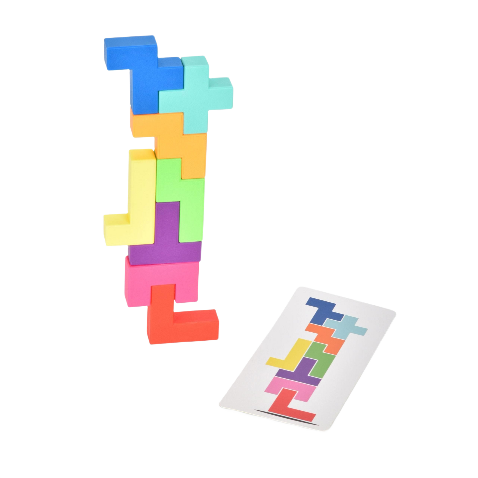 Stacked colorful interlocking puzzle pieces standing next to a reference card showing the assembled shape