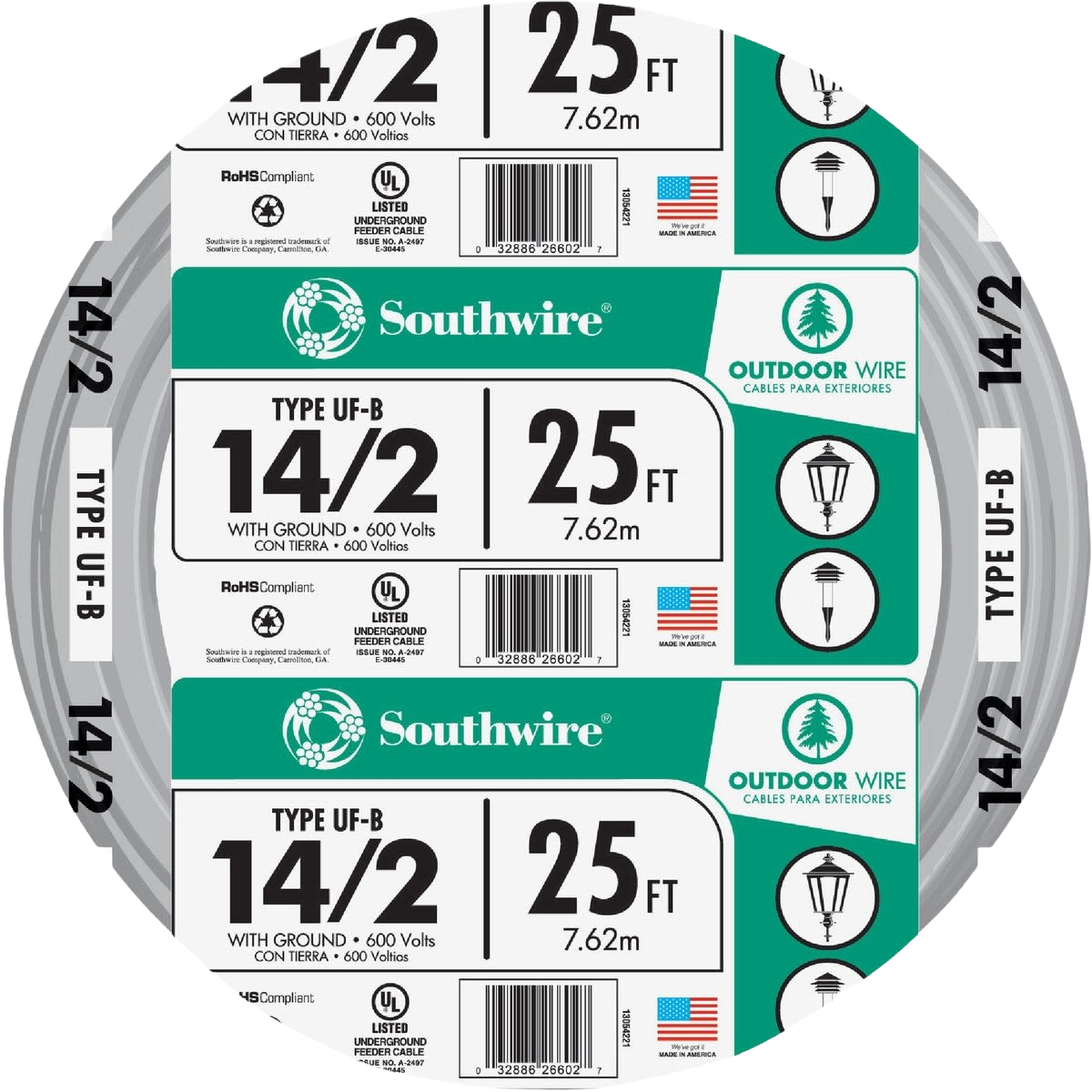Coiled 25-foot 14/2 gauge outdoor electrical wire for direct burial and building wire applications