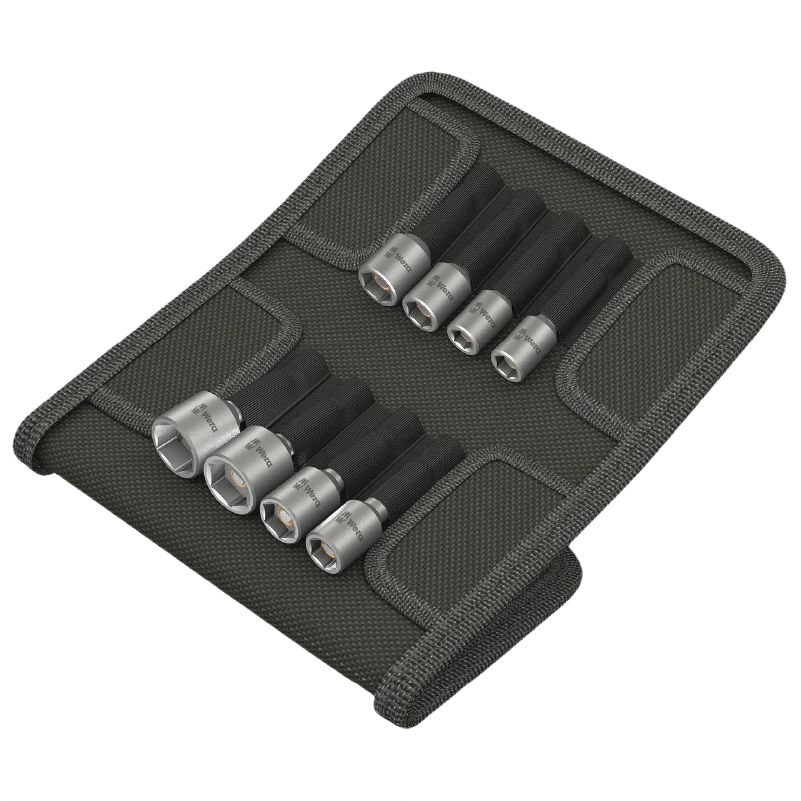 Compact set of magnetic nutsetters organized in a durable black fabric pouch for tools and home improvement tasks