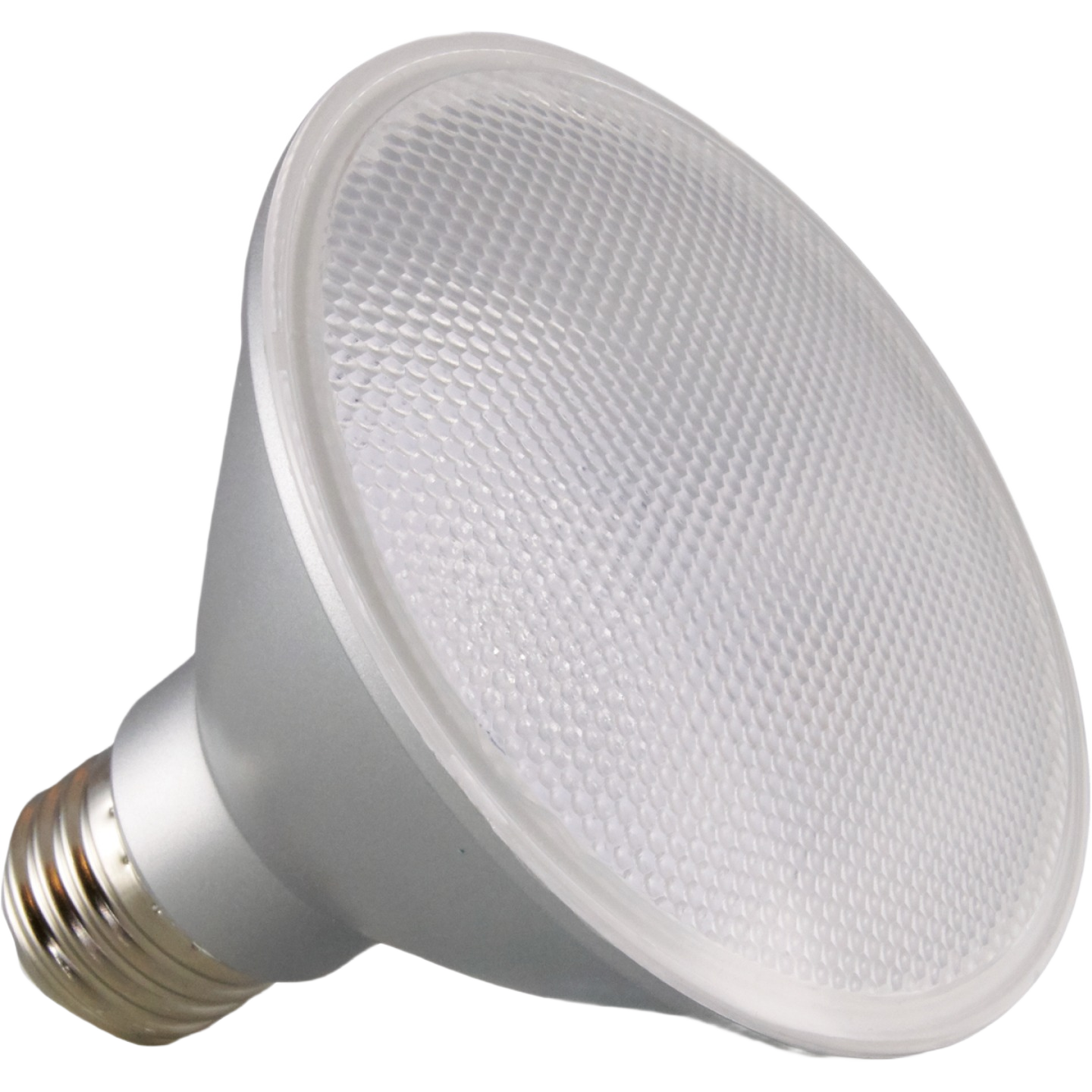 Energy-efficient warm white LED floodlight bulb with short neck, suitable for residential and commercial lighting needs