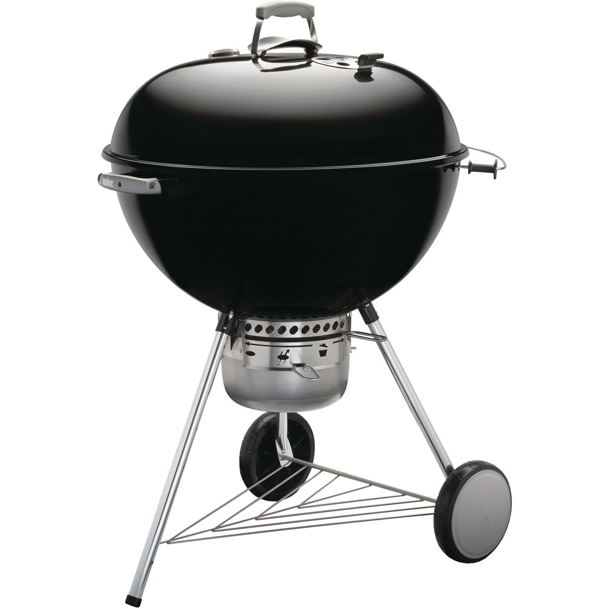 Black charcoal grill with porcelain-enamel finish, vented lid, and wheeled tripod stand for outdoor grilling and lawn care