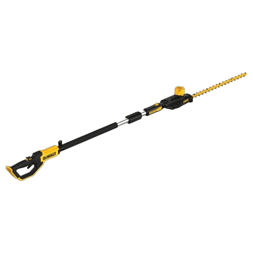 Yellow and black cordless pole hedge trimmer with adjustable shaft for extended reach in home improvement tasks