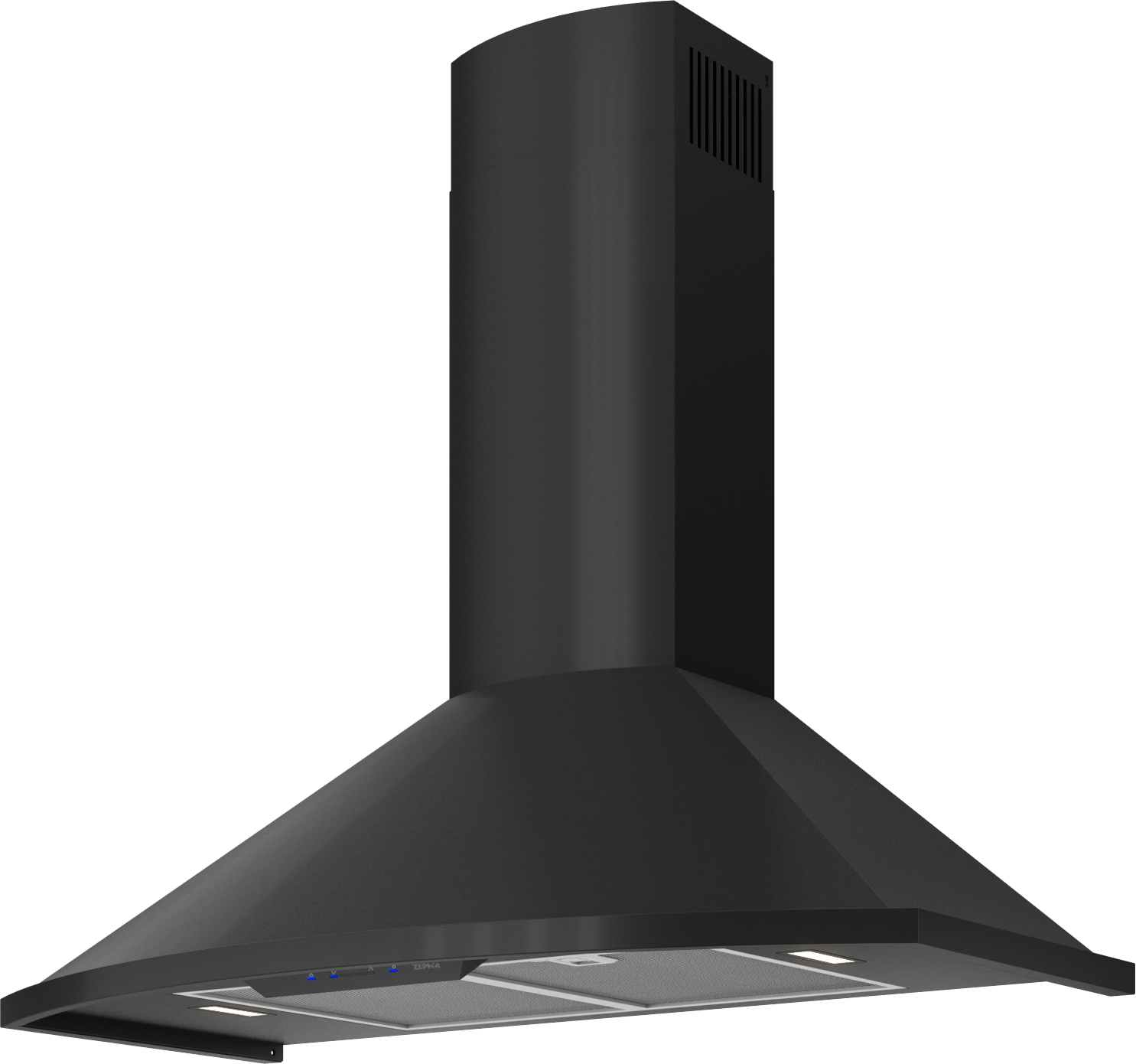 Black powder-coated Savona chimney hood with angular design, LED lighting, and ventilation for kitchen range hoods and appliances.