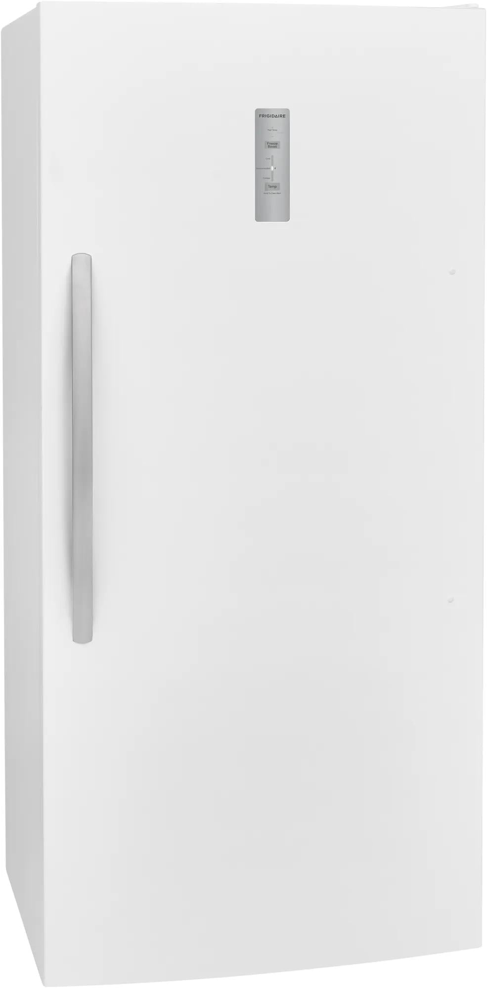 Tall white upright freezer with vertical handle and digital control panel for kitchen and appliance use