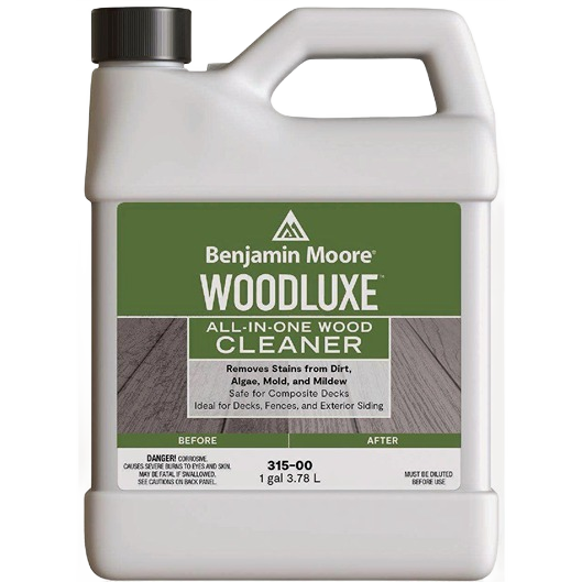 1-gallon container of Woodluxe all-in-one wood cleaner for removing stains from outdoor surfaces
