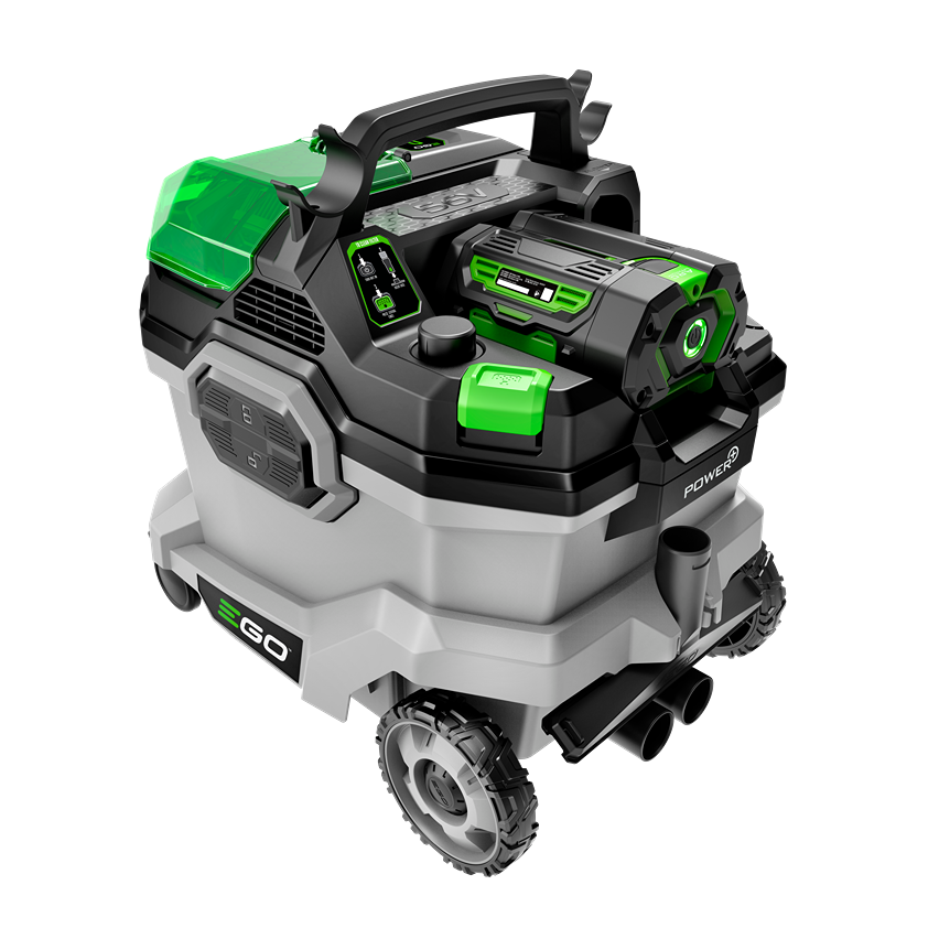Portable cordless wet/dry vacuum in black and green with 9-gallon capacity and 5.0Ah battery for tools and home use