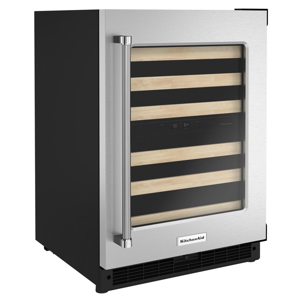 Undercounter wine cellar with wood-front racks, glass door, and stainless steel frame for KitchenAid appliances collections